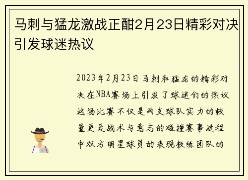 马刺与猛龙激战正酣2月23日精彩对决引发球迷热议